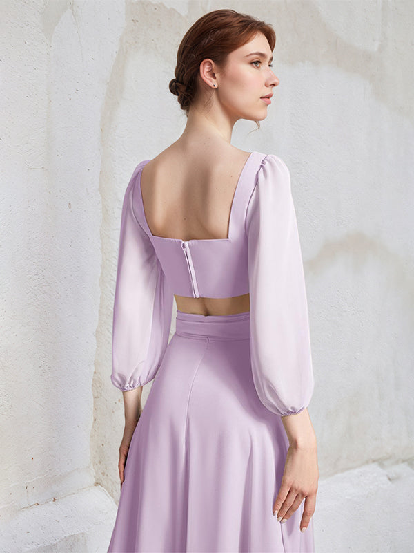 Lilac A Line Chiffon Square Neck Long Sleeves Floor Length Bridesmaid Dresses