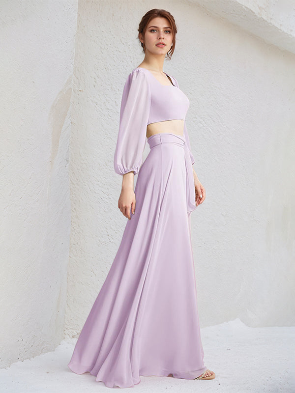 Lilac A Line Chiffon Square Neck Long Sleeves Floor Length Bridesmaid Dresses
