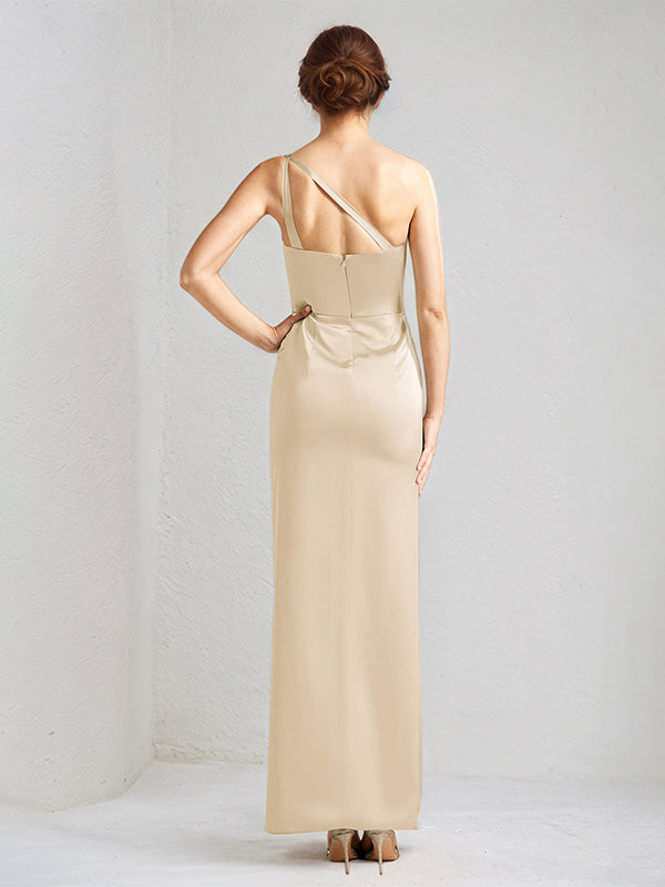 Champagne Satin Sheath/Column One Shoulder Sleeveless Floor Length Bridesmaid Dress