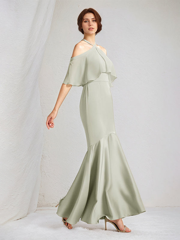Sage Trumpet/Mermaid Satin Halter Neck Chiffon Short Sleeves Floor Length Bridesmaid Dresses