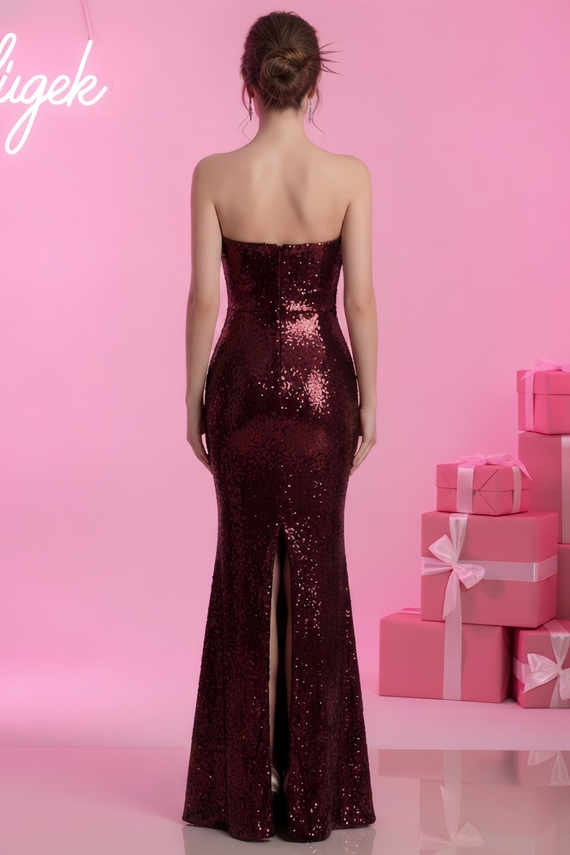 Strapless Sequin Mermaid Evening Gown with Floral Bodice Detail