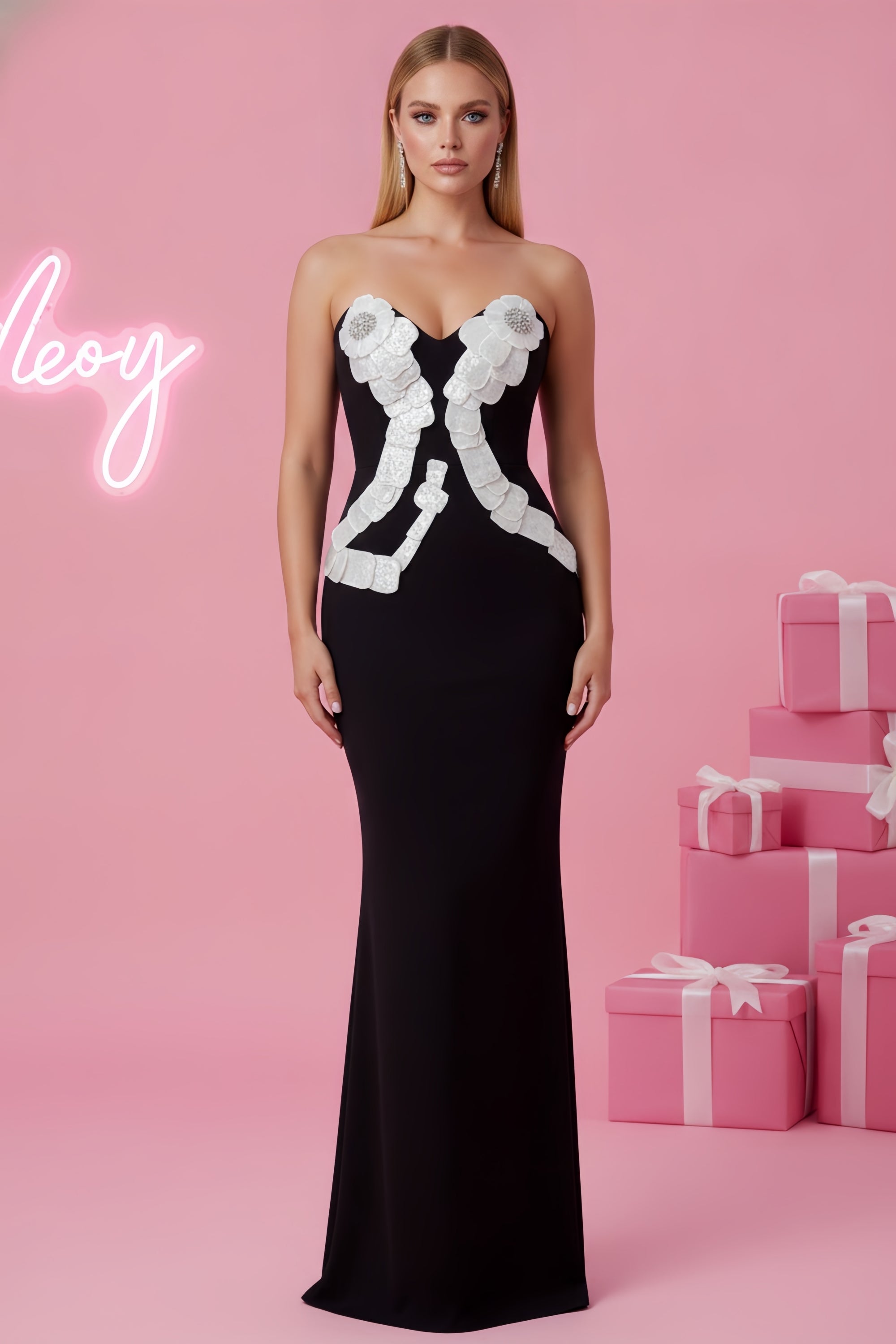 Strapless Floor-Length Gown with Floral Bodice Applique
