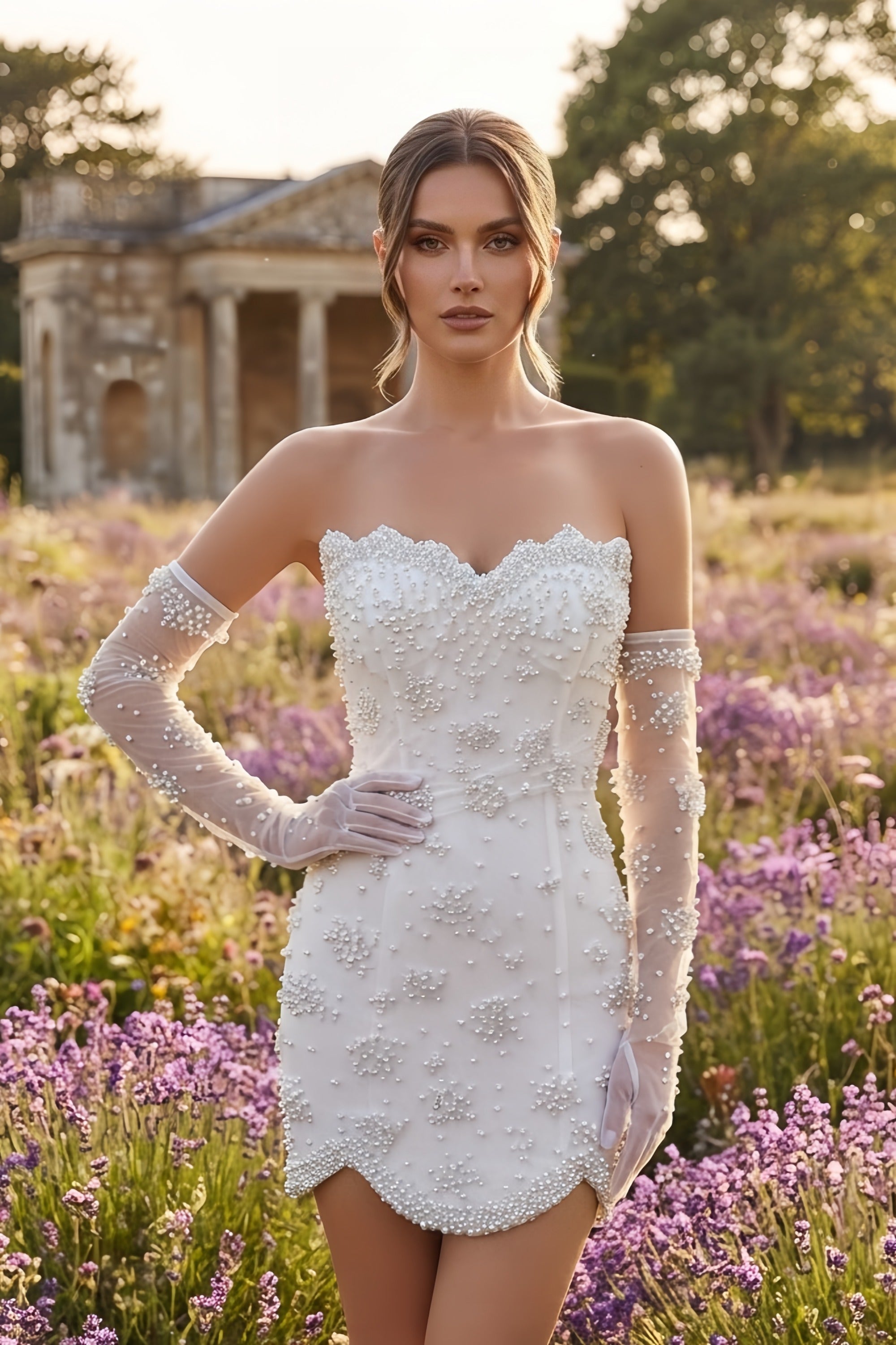 Allover Pearl Embellished Strapless Mini Dress with Gloves