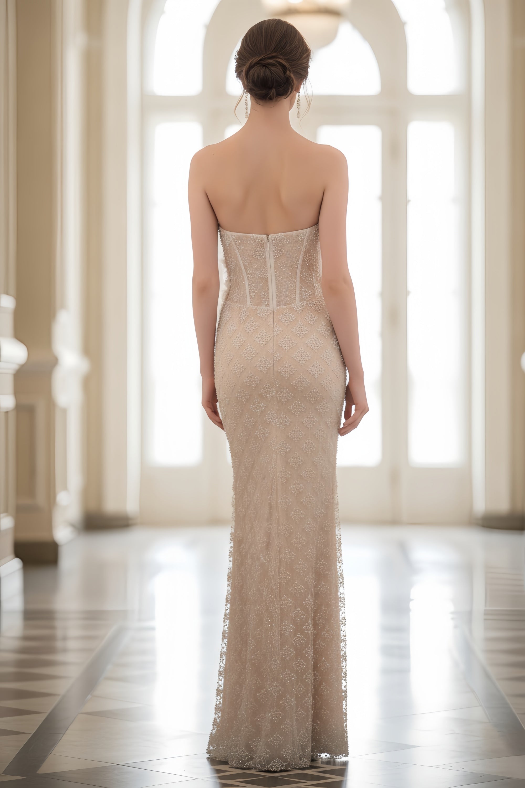 Strapless Floral Corset Bodice Beaded Floor Length Evening Gown