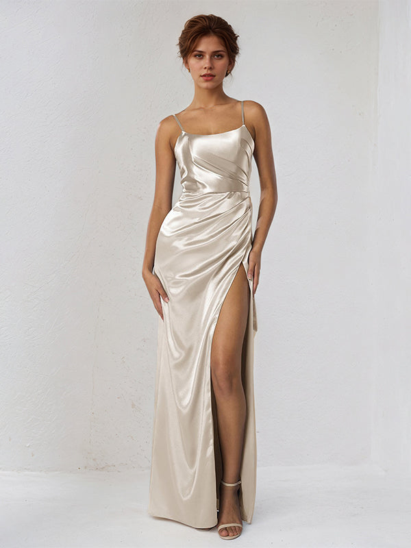 Sand Satin Sheath/Column Spaghetti Straps Sleeveless Floor Length Bridesmaid Dress