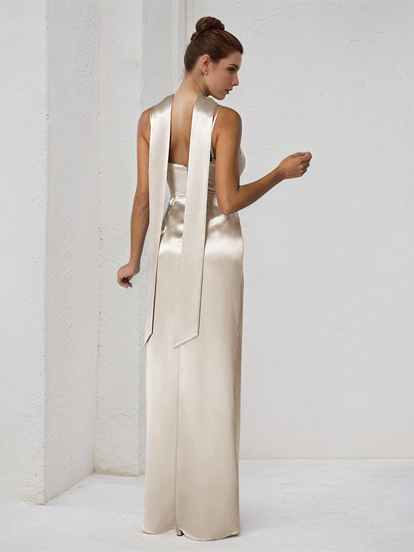 Sand Satin Sheath/Column Spaghetti Straps Sleeveless Floor Length Bridesmaid Dress