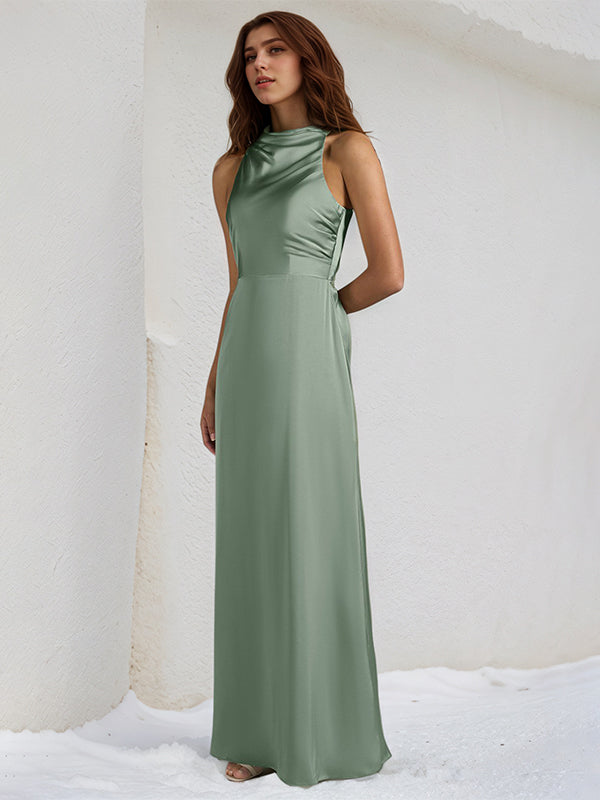 Oil Green Satin Sheath/Column High Neck Sleeveless Floor Length Bridesmaid Dress