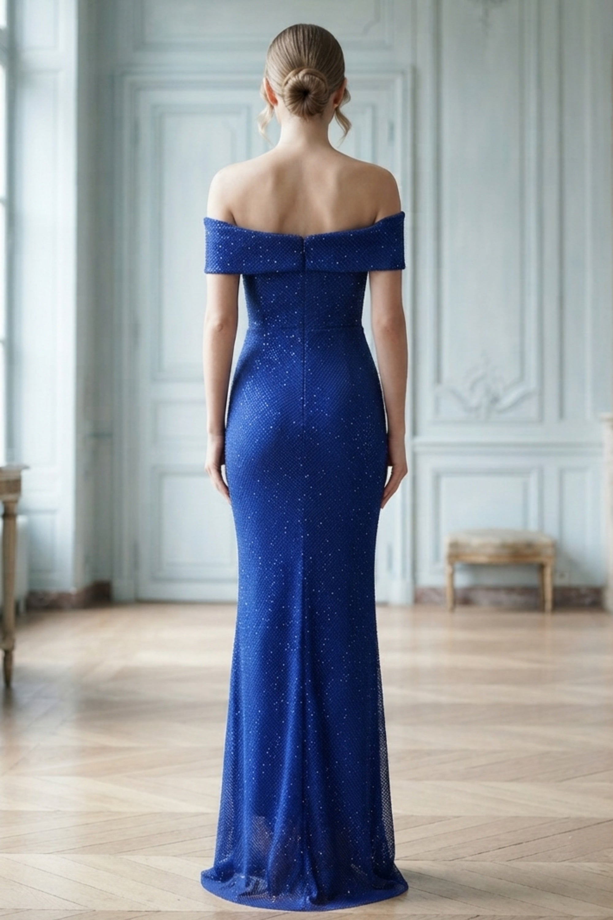 Off-Shoulder Feather Accented Sparkle Floor Length Gown