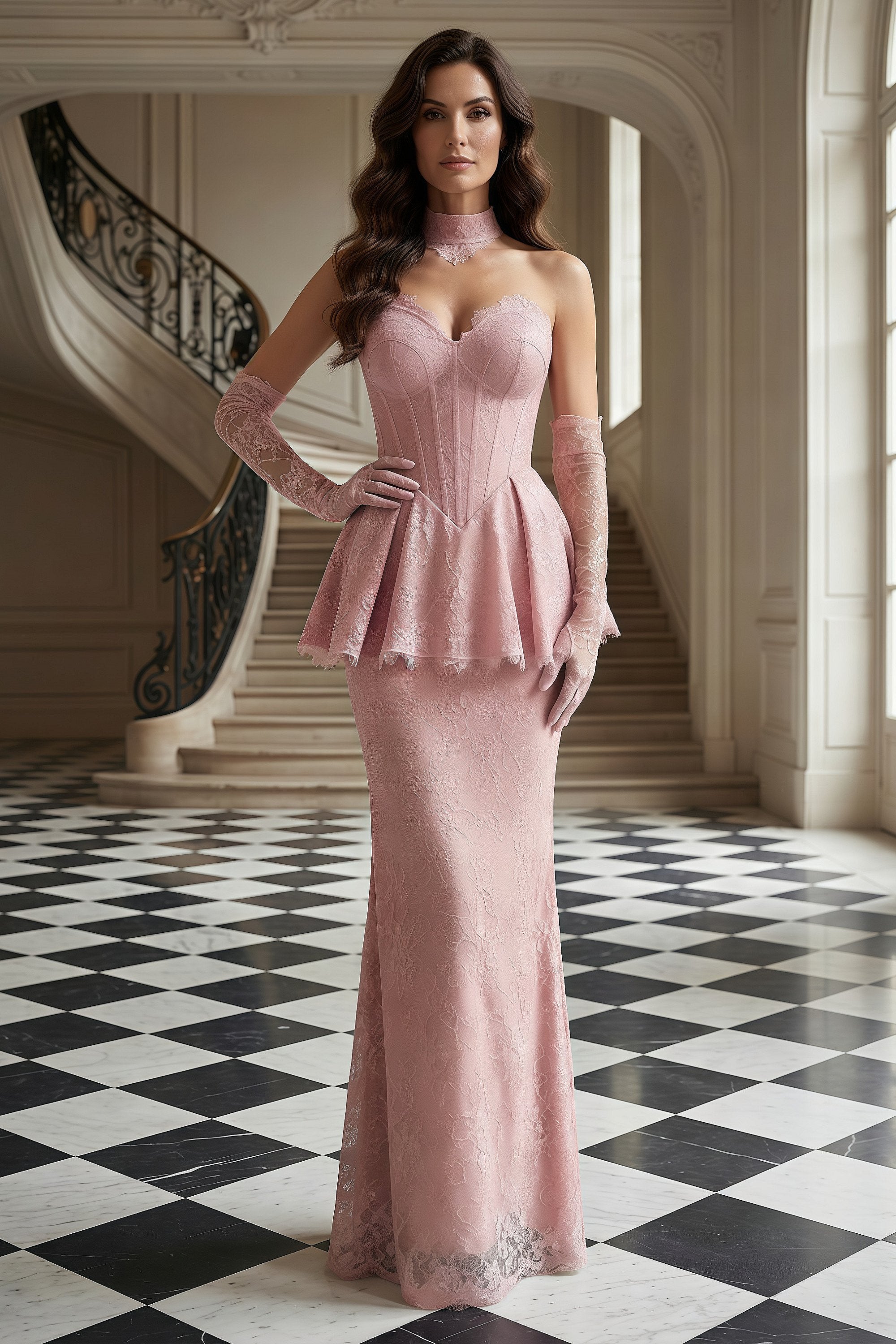 Strapless Lace Peplum Gown with Matching Gloves