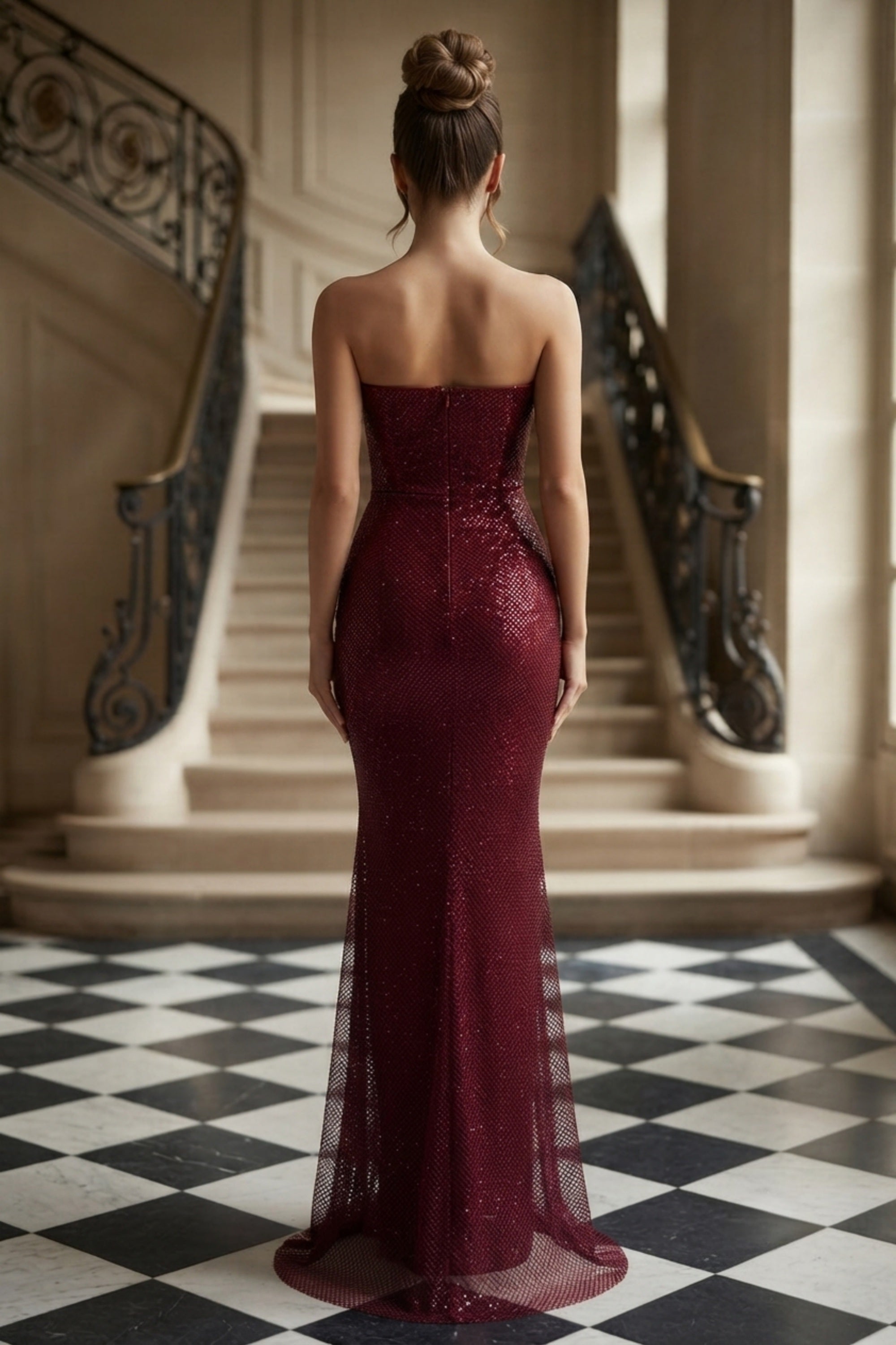Strapless Jeweled Neckline Ruched Glitter Mermaid Gown