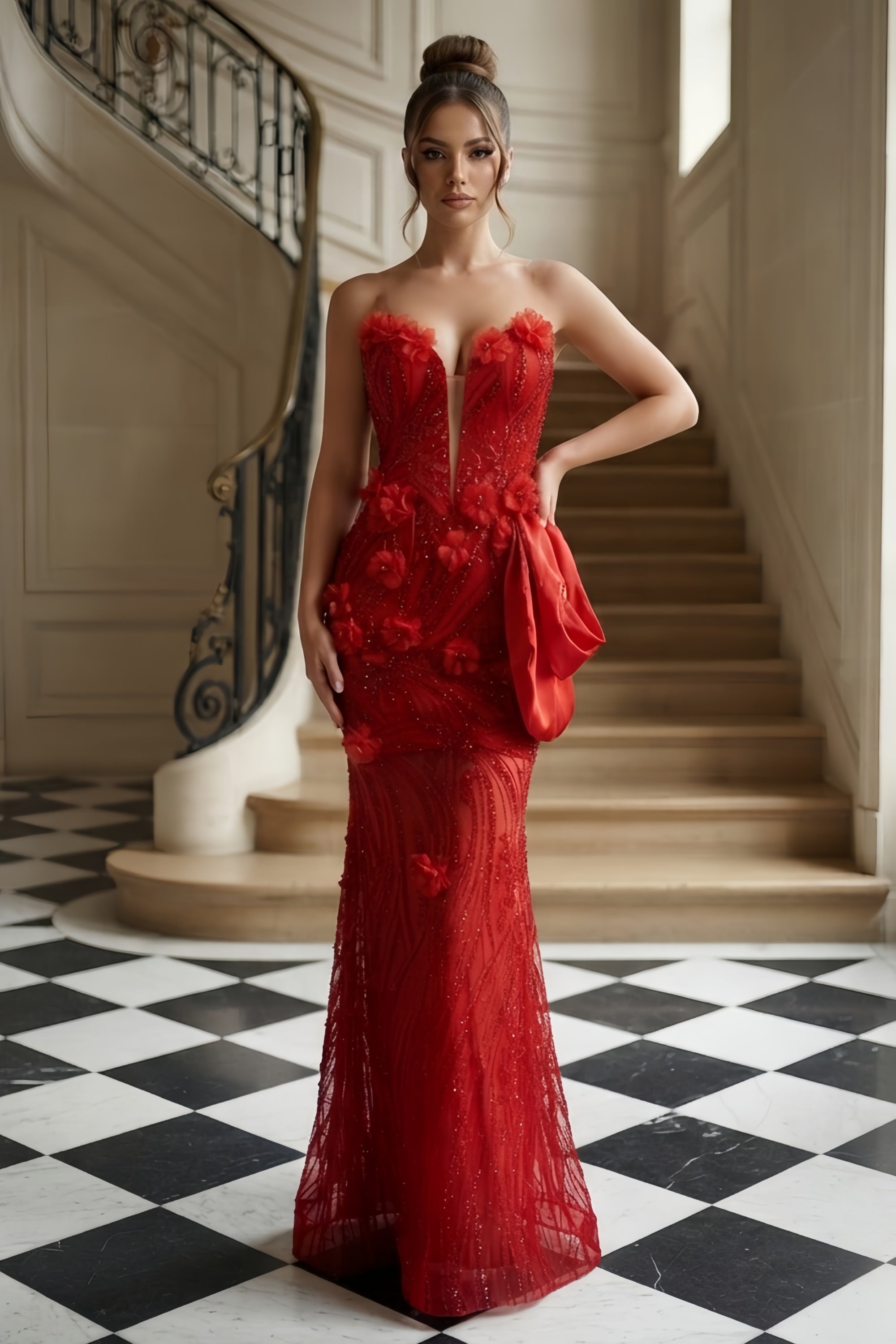 Strapless Plunging 3D Floral Appliques Mermaid Gown
