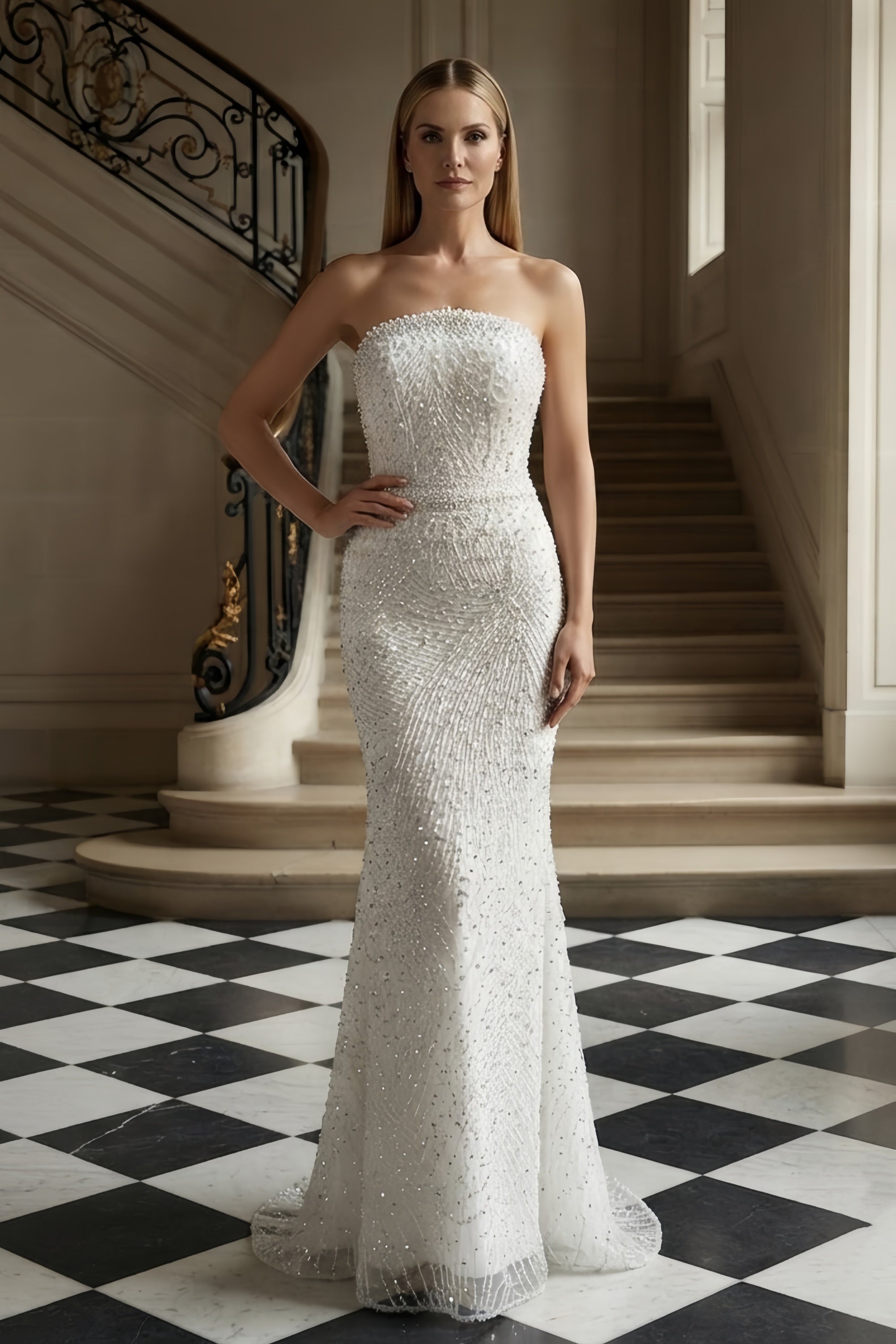Strapless Intricate Beaded Geometric Pattern Floor Length Gown