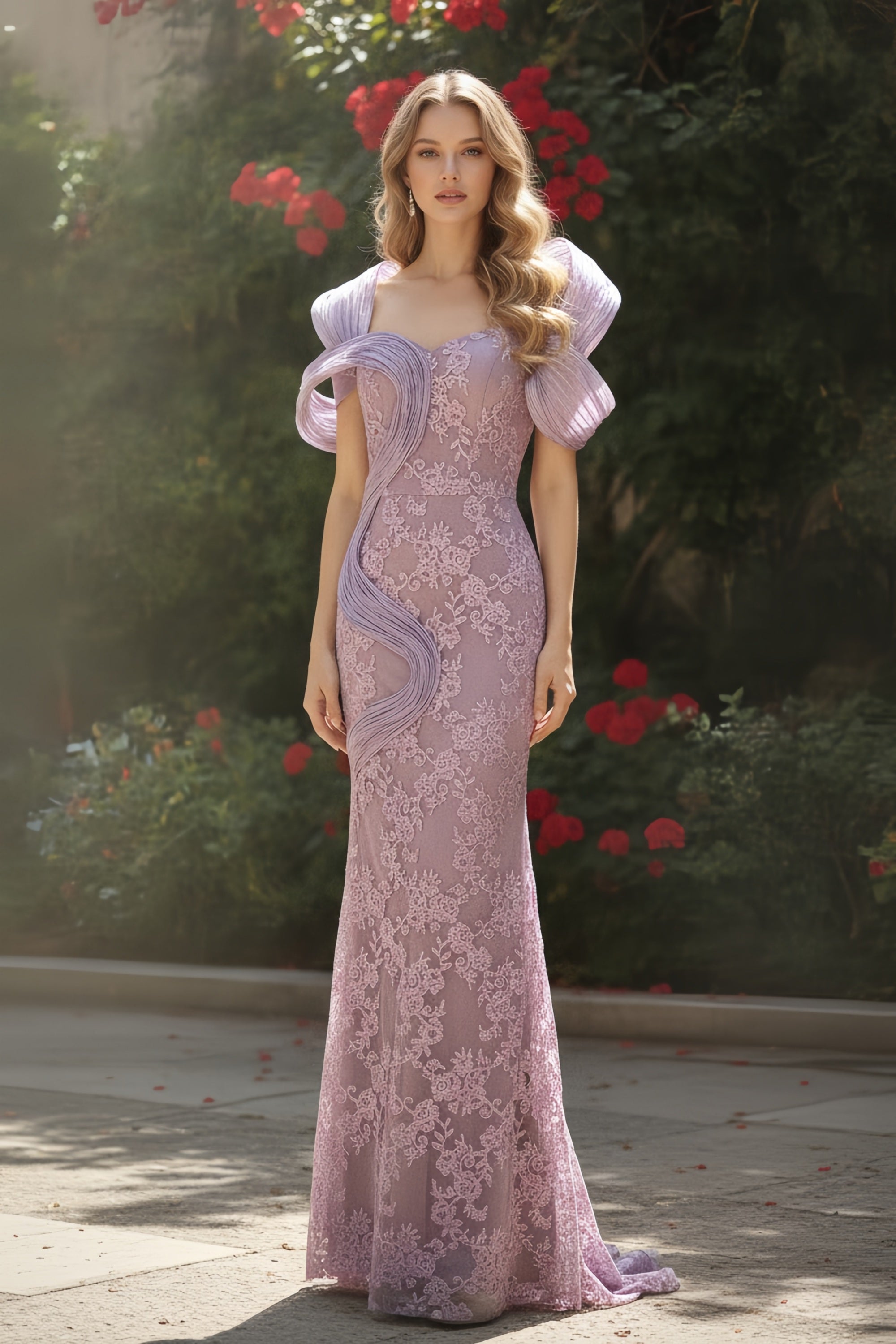 Pleated Off-Shoulder Lace Mermaid Gown with Sculptural Details