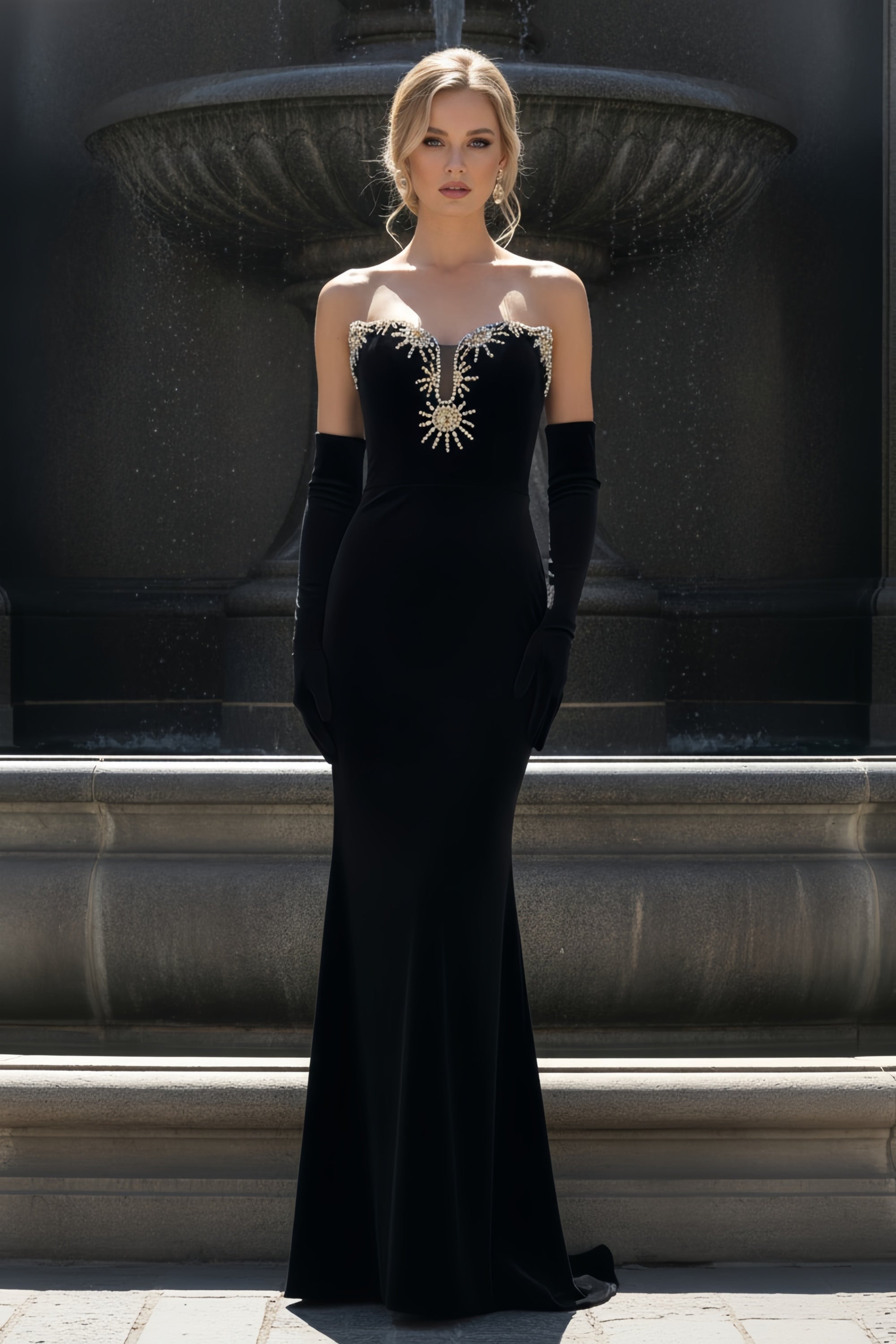 Strapless Embellished Velvet Mermaid Gown with Opera Gloves