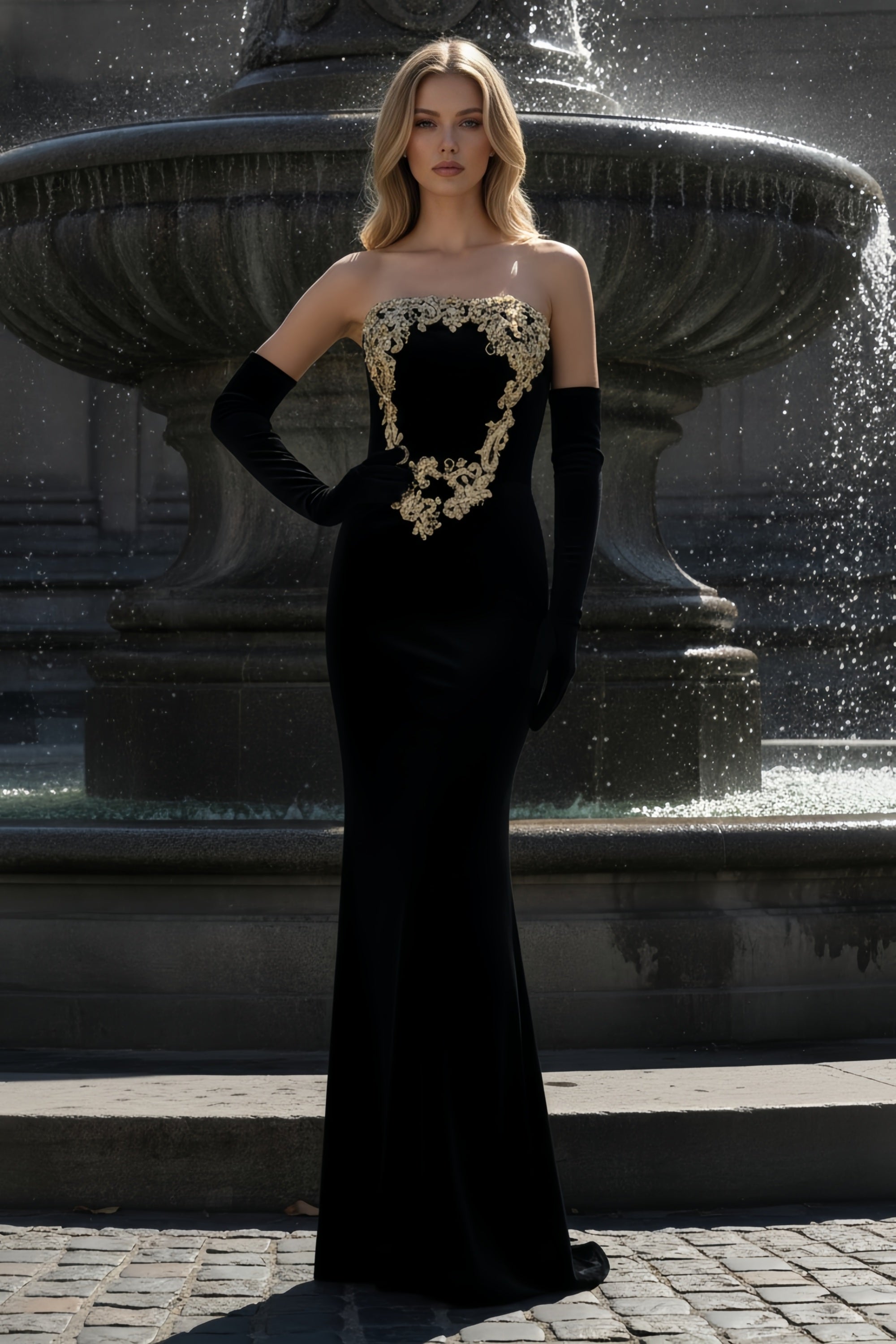 Strapless Velvet Mermaid Gown with Gold Embroidery and Gloves