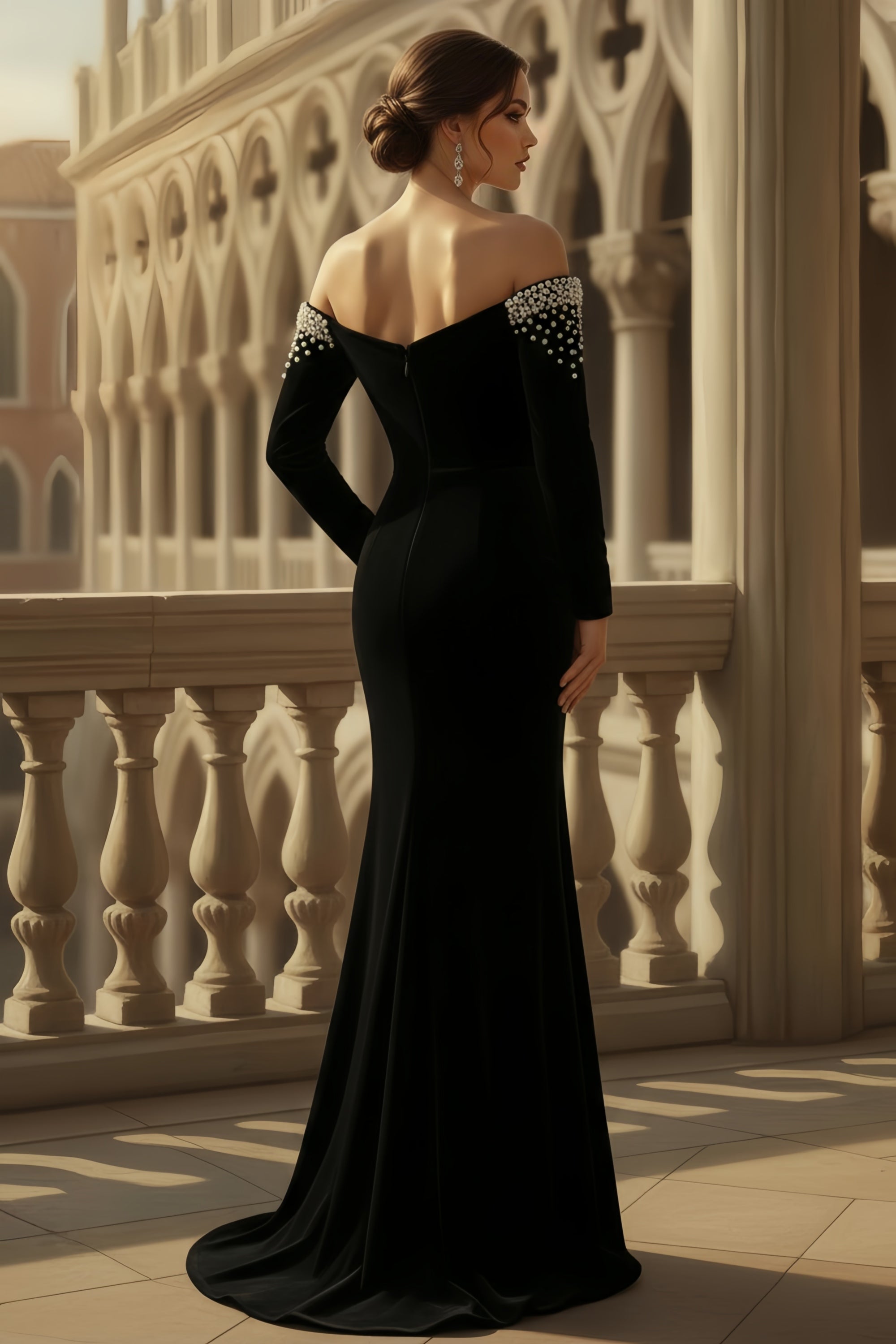 Pearl Beaded Off-Shoulder Long Sleeve Mermaid Gown with Slit