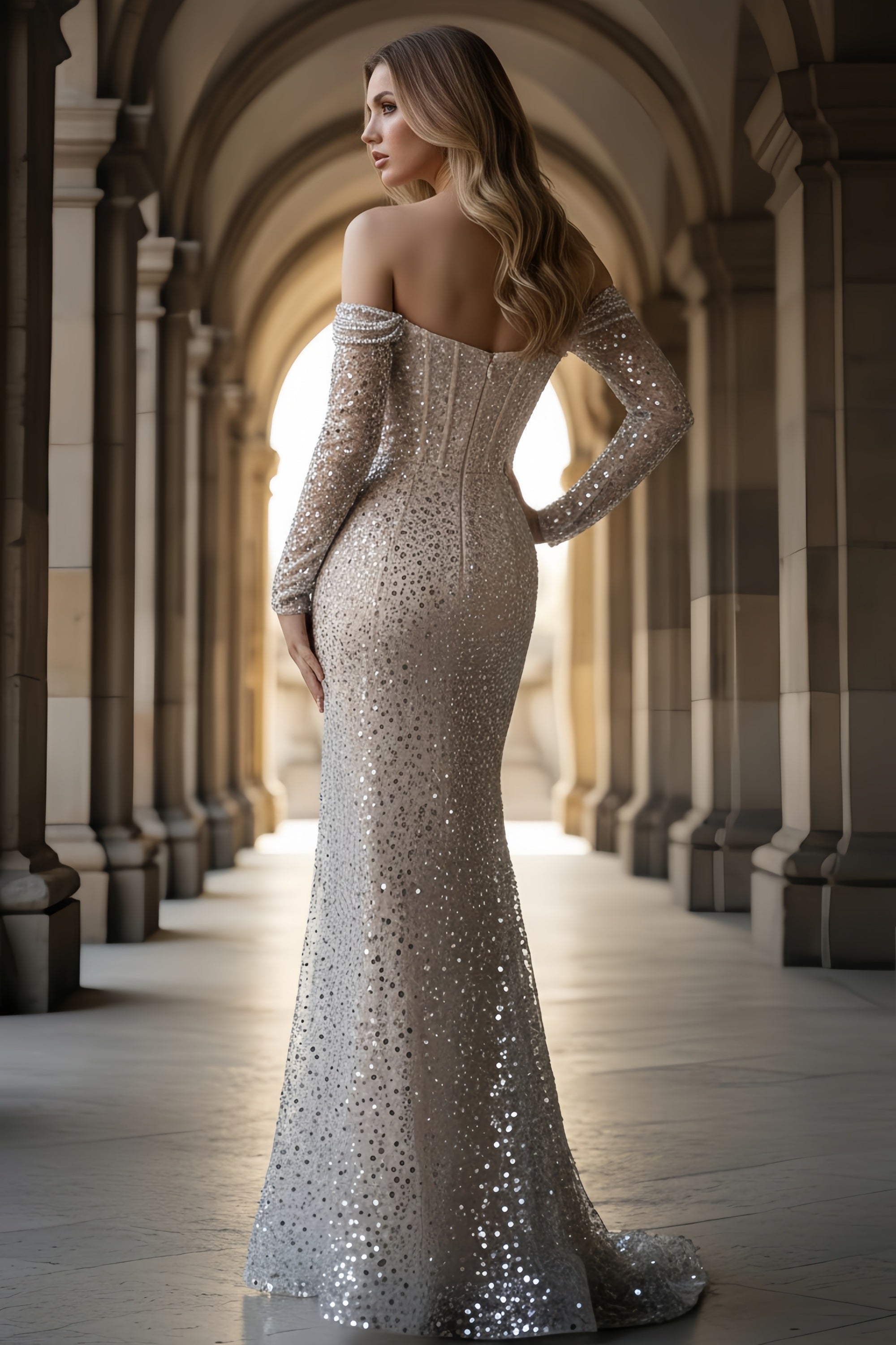 Off-Shoulder Corset Mermaid Gown with Pearl Beaded Bodice