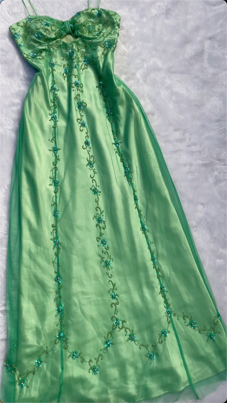 Pretty Green Satin Tulle Sequins Beaded Prom Dress,A Line Long Evening Dress