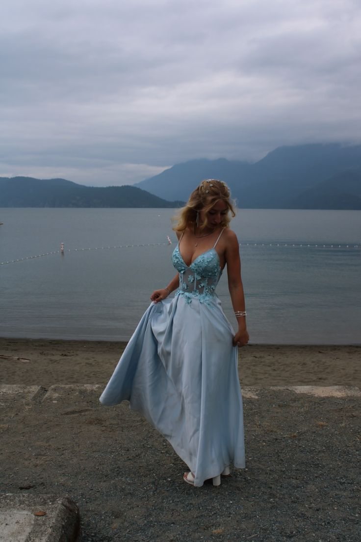 Classy Spaghetti Straps Light Blue Satin Appliques A-Line Evening Gown Long Prom Dress - FashionDia