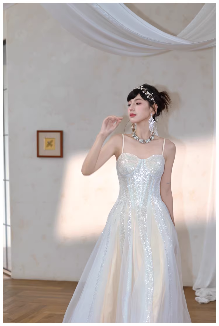 Classy Light Apricot Spaghetti Straps Tulle Sequin A Line Long Party Dress Evening Dress