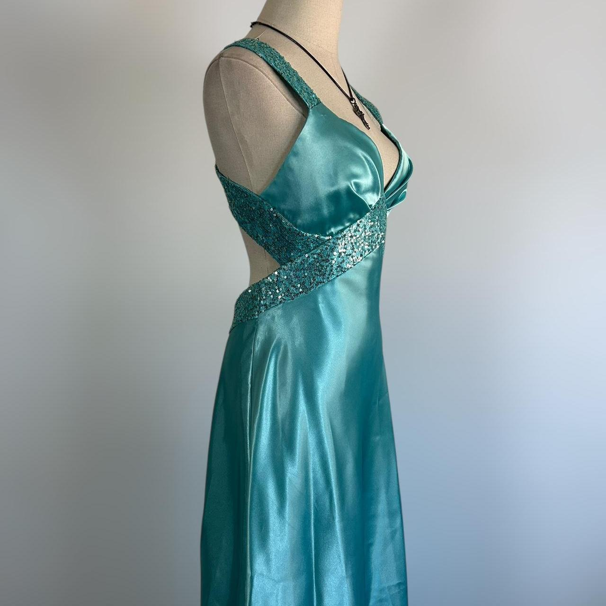 Blue V Neck Satin Sequin Formal Prom Dress Backless Evening Dress Y8548 - View 4 | VelvetHem
