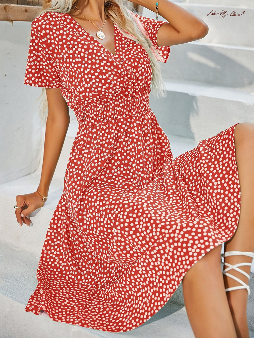 V neck Polka Dot Crushed Flower Short Sleeve Dress