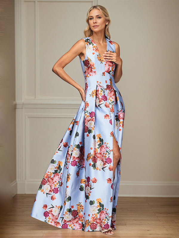 A-Line V-Neck Peonies Floral Mother of the Bride Dress With Slit