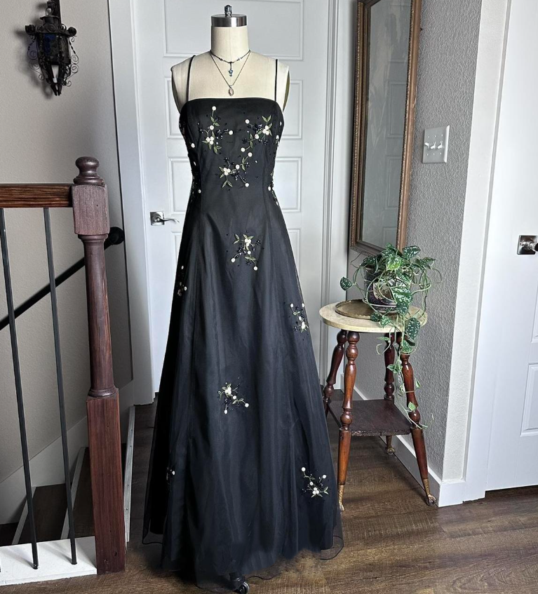 Chic Spaghetti Straps Black Satin Tulle Beaded A Line Birthday Prom Dress Long Party Dress