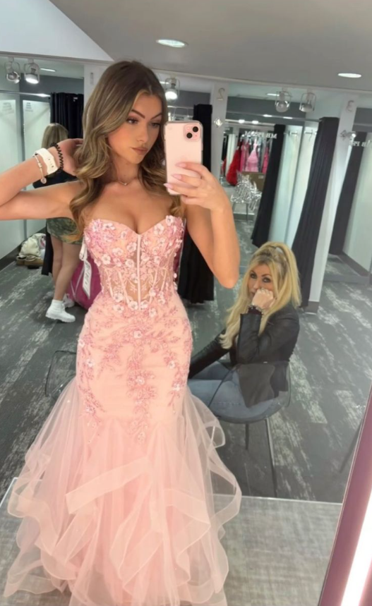 Pretty Strapless Pink Tulle Appliques Beaded Mermaid Party Dress Long Evening Gown - View 2 | FashionDia