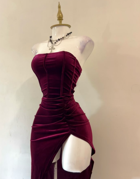Sexy Strapless Slit Party Dress Burgundy Birthday Dress