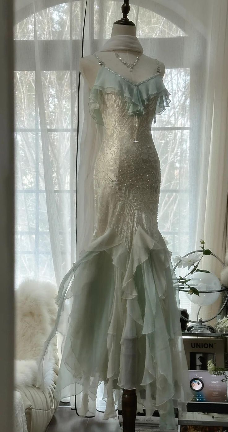 Classy Mint Green Temperament Mermaid Spaghetti Strap Chiffon Beaded Evening Dress Formal Prom Dress Y8546 - View 4 | VelvetHem