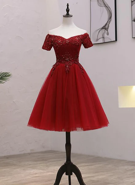 Tulle Dark Red Off The Shoulder Knee Length Homecoming Dress, Red Party Dress