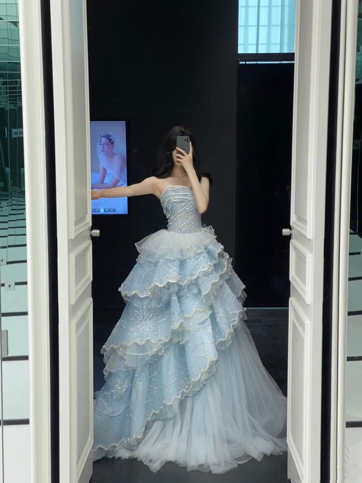Charming Strapless Blue Tulle Beaded Layered Ball Gown Formal Birthday Party Dress