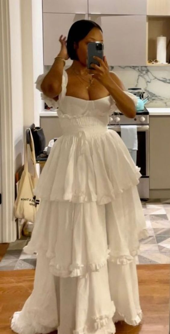 Elegant White Straps Ruffles Floor Length Prom Dress A Line Layered Party Evening Dress
