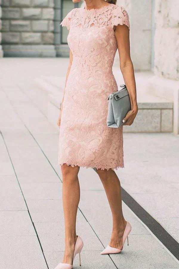 Chic Pink Cap Sleeves Lace Knee Length Short Prom Dresses (ZD11511)
