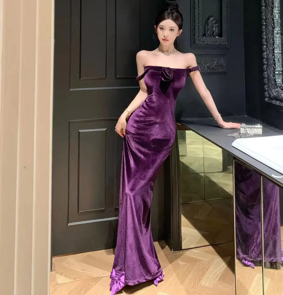 Purple Elegant Off Shoulder Mermaid Evening Dress,Velvet Slit Mermaid Party Prom Dress