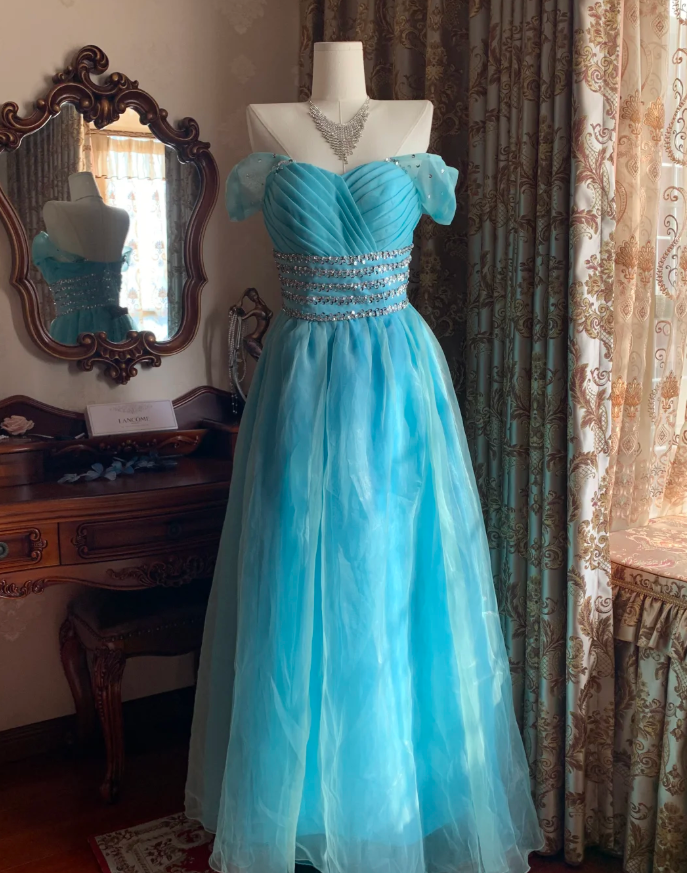 Cute Off The Shoulder Blue Tulle Beaded A Line Princess Party Dress Long Evening Gown