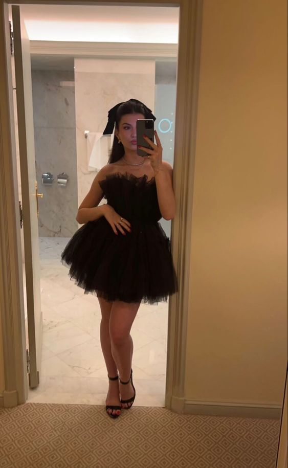 Black Tulle Strapless A Line Homecoming Dress,Mini Party Gown