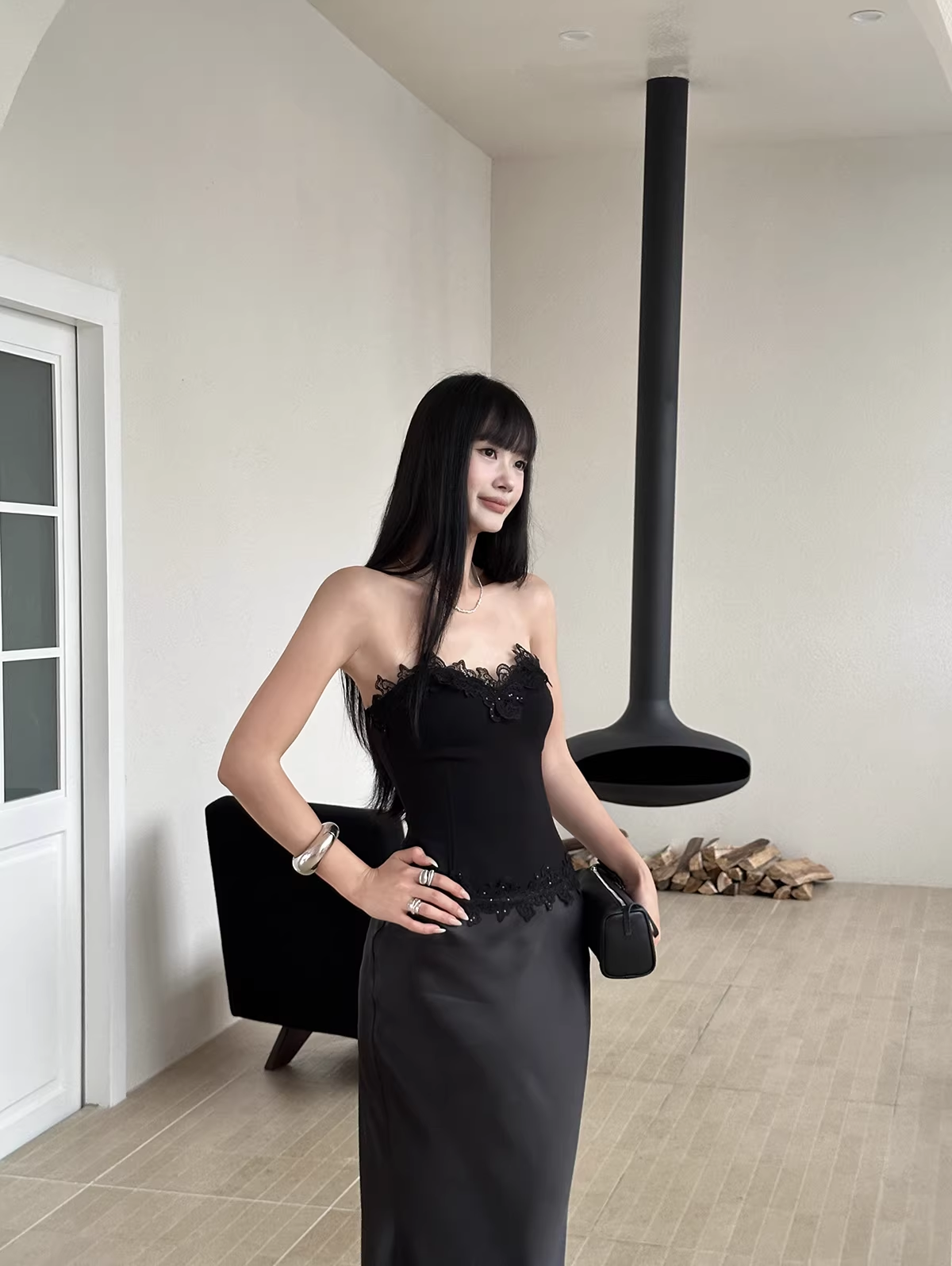 Pretty Lace Appliques Strapless Mermaid Evening Dress Party Dress Black Satin Long Wedding Guest Dress - View 6 | FashionDia
