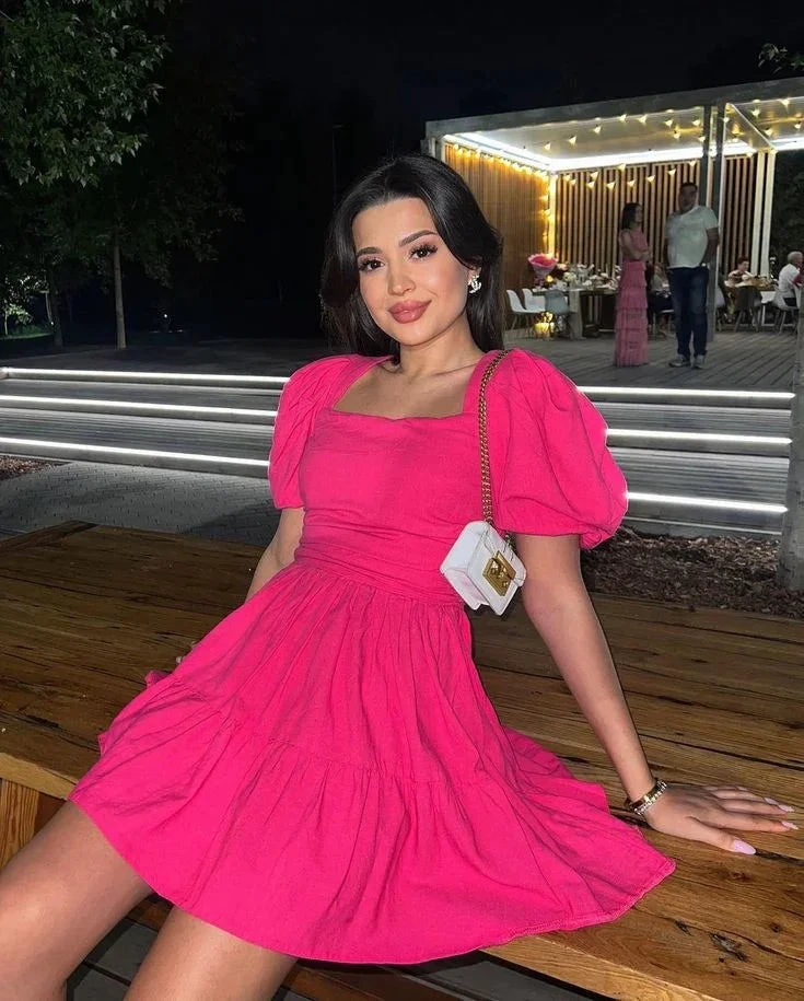 Vintage A-line Hot Pink Homecoming Dress with Puff Sleeves (ZD11978)
