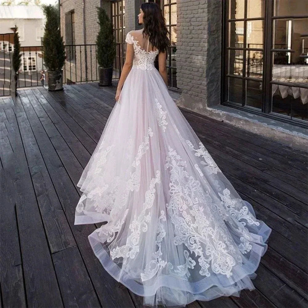 Lace Appliques Princess Bohomian Beach Wedding Dress Vestido De Noiva Cap Sleeve V-Neck Vestidos De Novia (ZD14041)