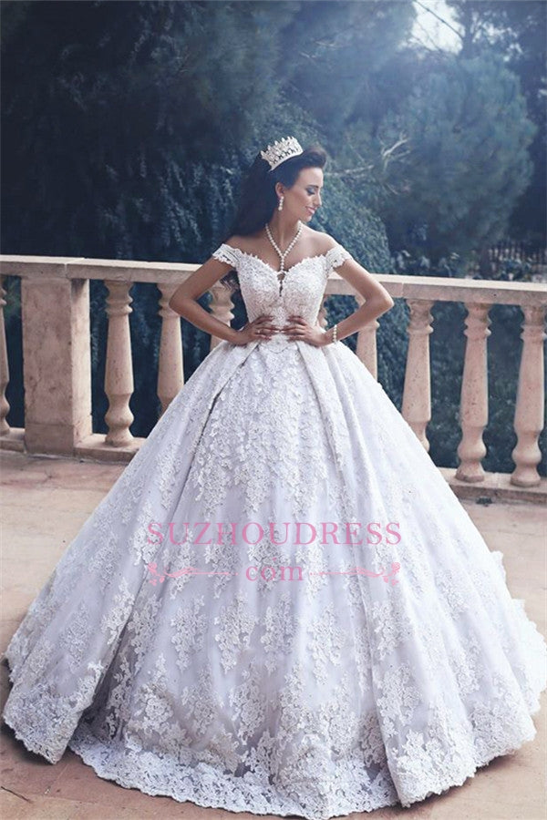 Lace Appliques Princess Bride Dress Luxurious  Off-The-Shoulder Ball-Gown Wedding Dress