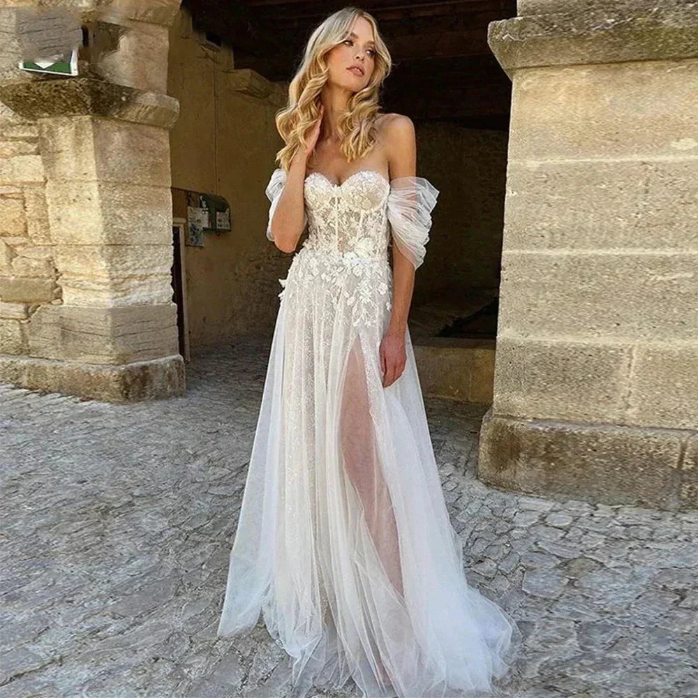 Lace Boho High Fork Wedding Dresses A Line Off The Shoulder Beach Sweetheart Bride Dresses Custom Made To Measures Floor Length by payinti