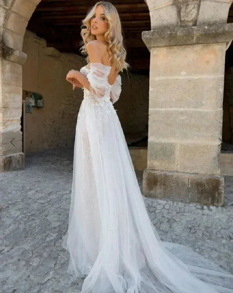 Lace Boho High Fork Wedding Dresses A Line Off The Shoulder Beach Sweetheart Bride Dresses Custom Made To Measures Floor Length (ZD14220)