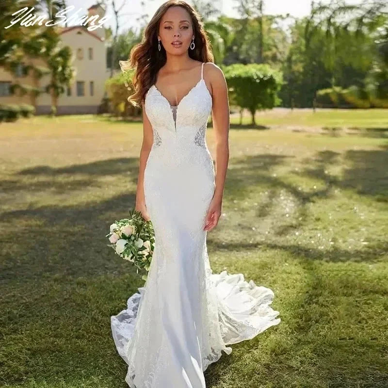 Lace Mermaid Wedding Dresses Spaghetti Straps Sexy V-Neck Backless Appliques Sleeveless Button Long Bride Gown Train Real Photos by payinti