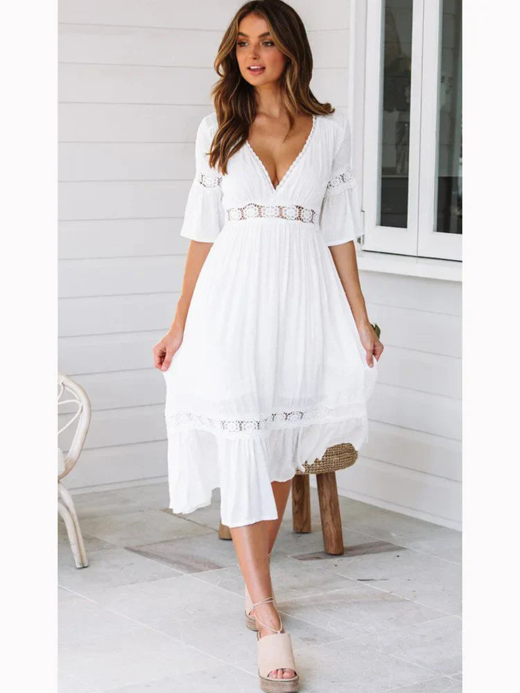 V Neck Lace Splice Boho Midi Dress