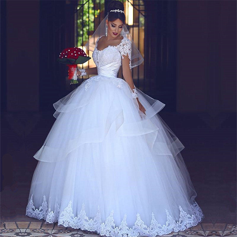 Lace Tulle Puffy Wedding Dresses Long Sleeves  | Sheer Tulle Ball Gown Bridal Gowns