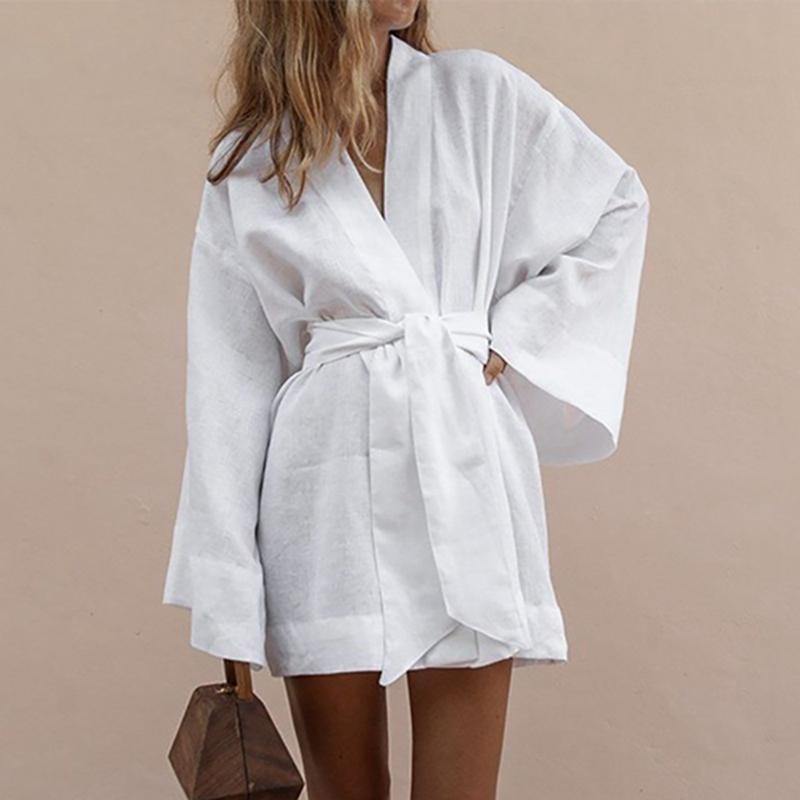 Lace Up Women's V-Neck Kimono Cardigan Mini Cotton Linen Long Sleeve Sashes Dress