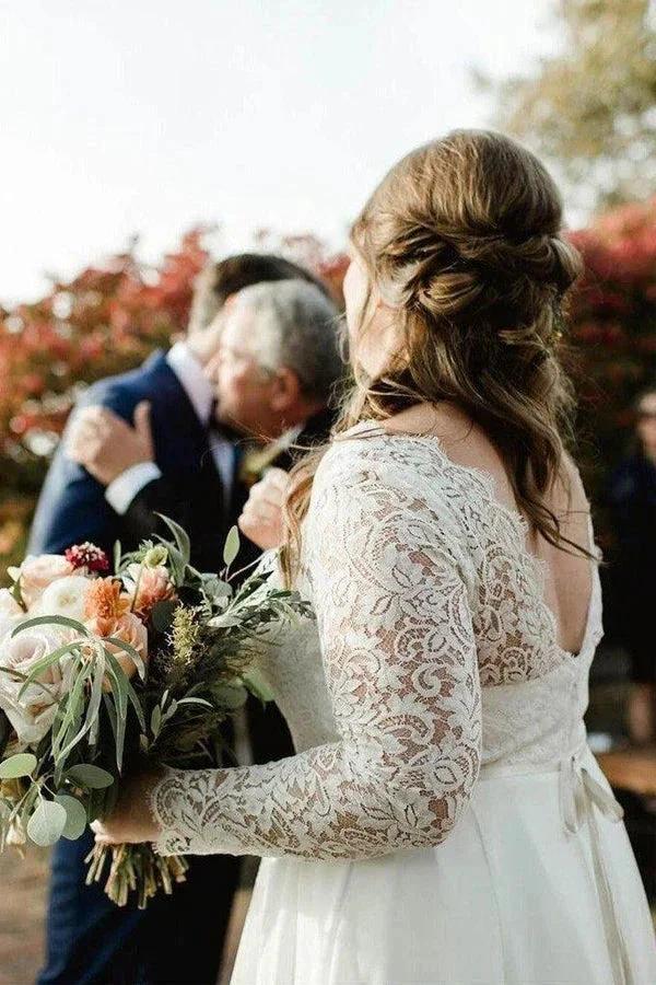 Lace Top Ivory Chiffon Plus Size Wedding Dresses with Long Sleeves (ZD16008)