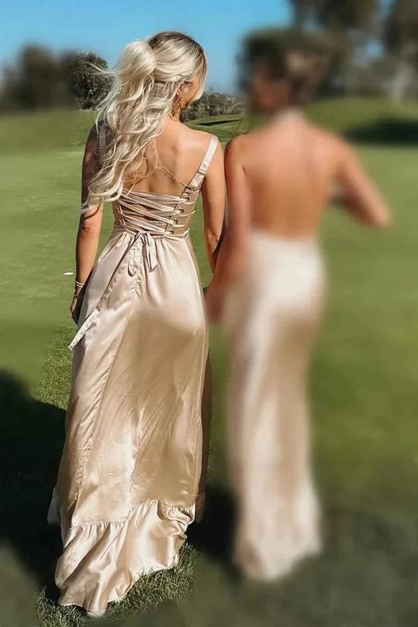 Lace Up A-Line Champagne Bridesmaid Dress with Slit (ZD12832)